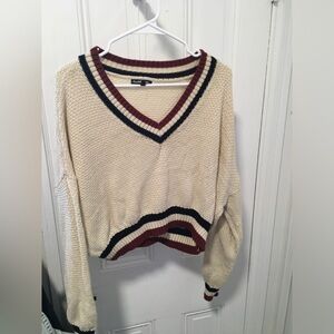 Charlotte Russe Cream and Burgundy V-Neck Sweater